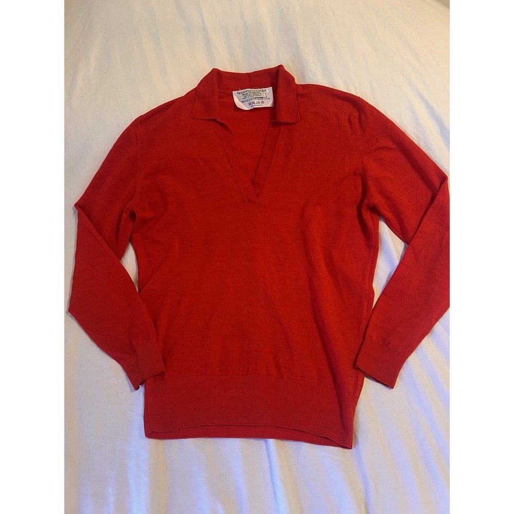 Norm Thompson Red Pure New Wool V-Neck Polo Sweater Made in England Vintage M